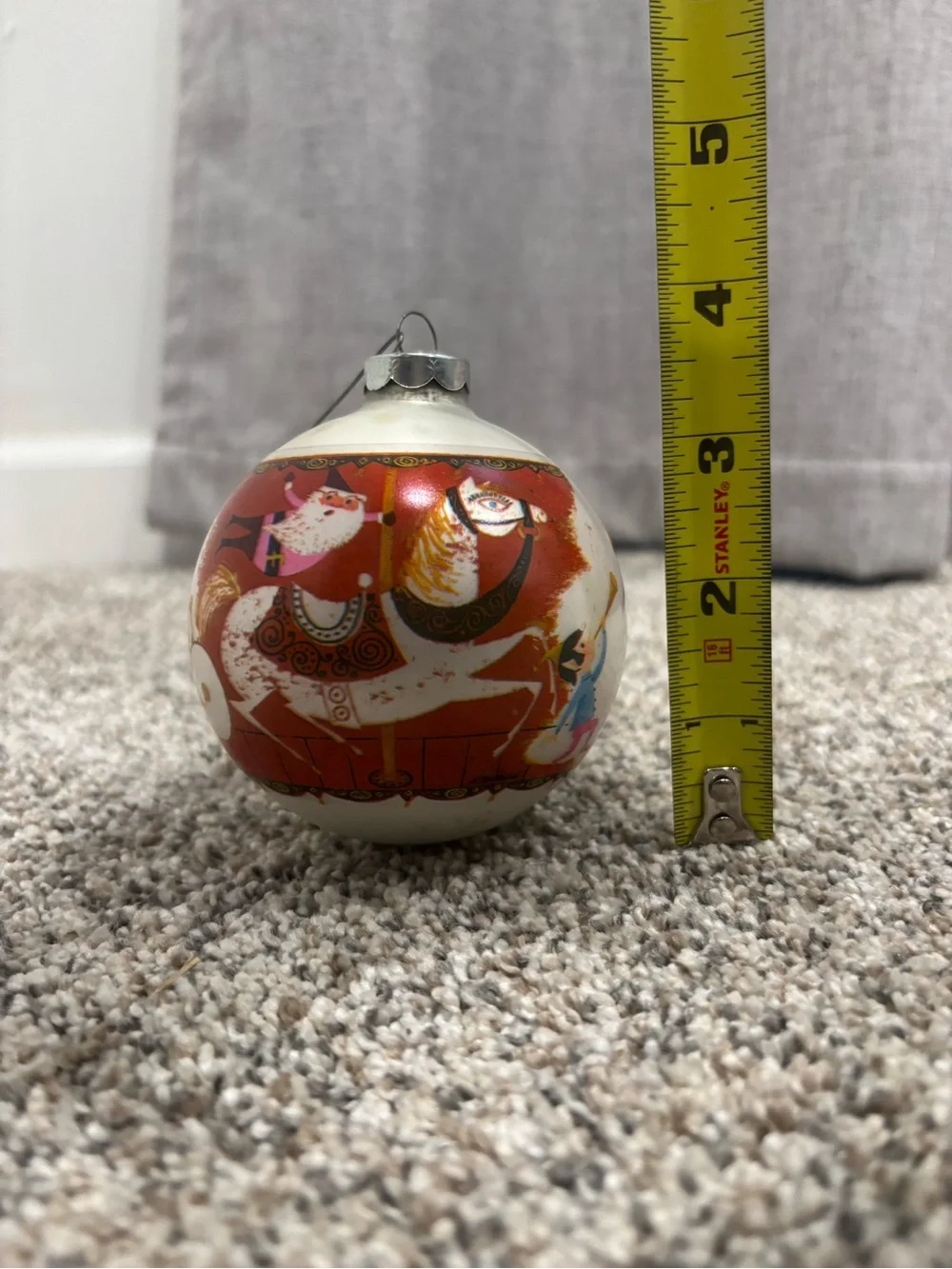 Vintage W. Rutherford Corning Glass Ornament Santa on Merry-Go-Round 3” USA Made